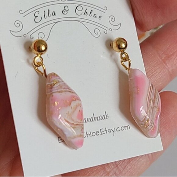 Boho Gold Ball Resin Pink Agate Gemstone Inspired Diamond Drop Dangle Earrings - Picture 4 of 6